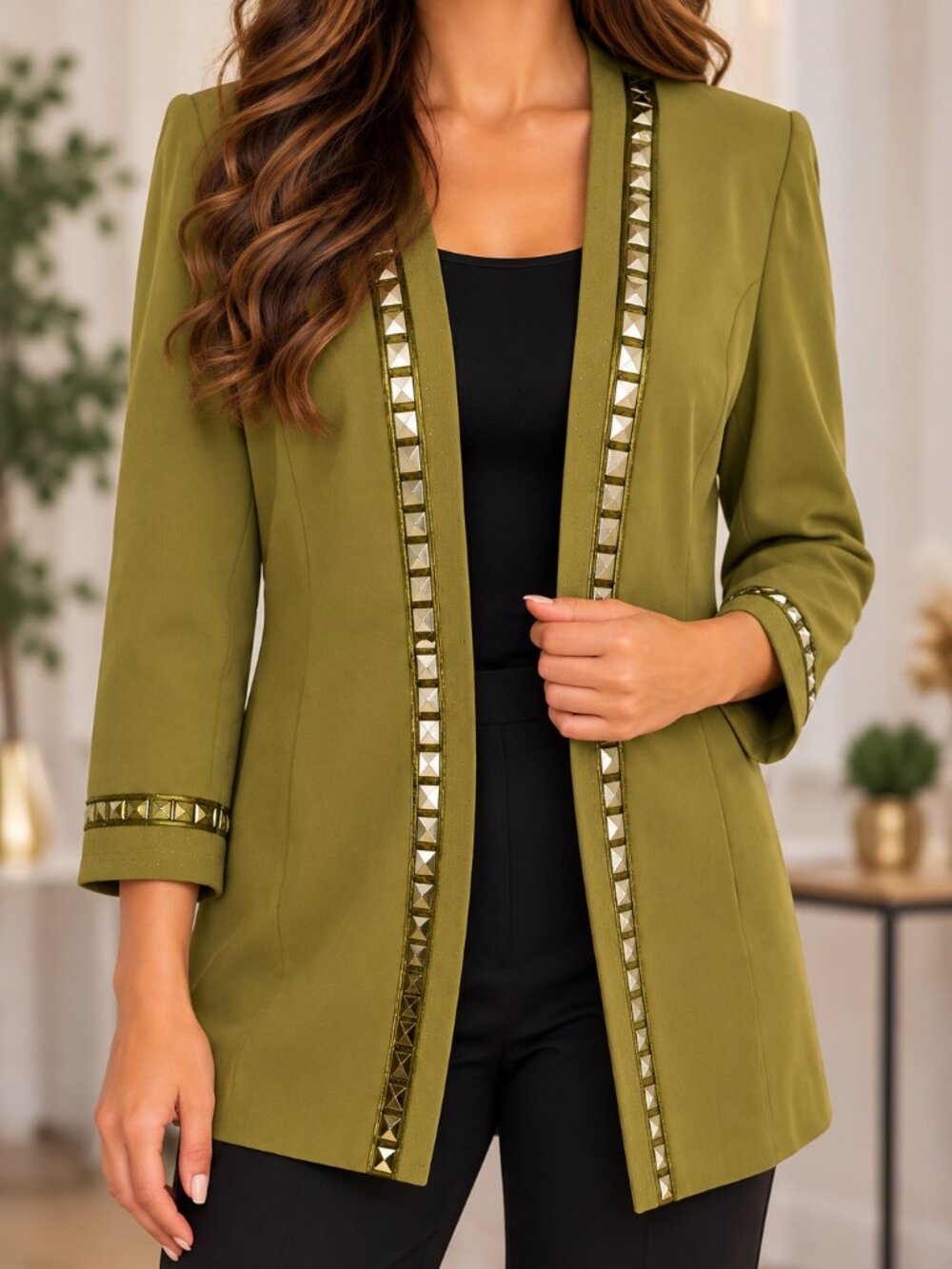 Carissimo Women's Olive Green Beaded Embellished Open-Front Blazer Size 10